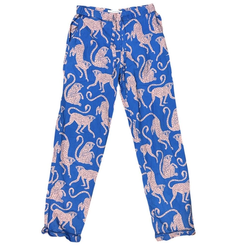 Desmond & Dempsey Chango Print Pajama Pants Blue Pink Monkey Print Loungewear XS